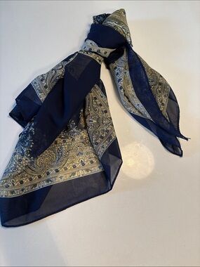 Vintage Navy Sheer Chiffon Square Scarf with Cream Details